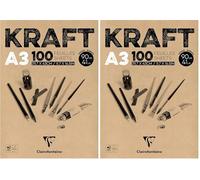Clairefontaine 96546C Bloc Encollé Papier Kraft - 100 Feuilles Papier Kraft Vergé Brun A3 29,7x42 cm 90g - Papier Double Face pour le Croquis et le Dessin (Lot de 2)