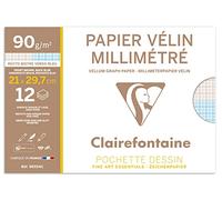 Clairefontaine 96554C - Pochette Dessin Scolaire - 12 Feuilles Papier Vélin Millimétré - A4 21x29,7 cm 90g - Idéal pour les Travaux Géométriques et les Dessins Techniques