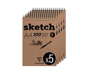 Clairefontaine 96604Cpack - Bloc Spiralé en-tête Papier Sketch - 100 Feuilles Papier Dessin Blanc au Grain Très Léger - Feuilles Détachables - A4 21x29,7 cm 90g - Paquet de 5 Blocs