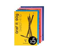 Clairefontaine 96623C - Bloc Agrafé GraF'it - 80 Feuilles Papier Dessin Croquis Uni - Feuilles Détachables - A4 21x29,7 cm 90g - Couleur Couverture Aléatoire - Paquet de 5 Blocs