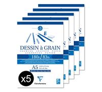 Clairefontaine 96626Cpack - Bloc Encollé Papier Dessin à Grain - 30 Feuilles Papier Dessin au Grain Marqué - A5 14,8x21 cm 180g - Idéal pour le Dessin au Crayon, Feutre et Fusain - Paquet de 5 Blocs