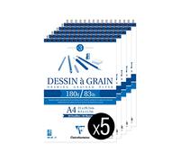 Clairefontaine 96628Cpack - Bloc Spiralé Papier Dessin à Grain - 30 Feuilles Papier Dessin au Grain Marqué - A4 21x29,7 cm 180g - Idéal pour le Dessin au Crayon, Feutre et Fusain - Paquet de 5 Blocs