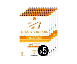 Clairefontaine 96674Cpack - Bloc Spiralé en-tête Papier Dessin Croquis - 35 Feuilles Papier Dessin au Grain Très Léger - A4 21x29,7 cm 160g - Paquet de 5 Blocs