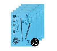 Clairefontaine 96693Cpack - Bloc Agrafé GraF'it - 80 Feuilles Papier Dessin Croquis - Réglure pointillés DOT - Feuilles Détachables - A4 21x29,7 cm 90g - Couverture Bleu Ciel - Paquet de 5 Blocs