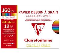 Clairefontaine 96770C - Pochette Dessin Scolaire - 12 Feuilles Papier Dessin à Grain Couleurs Vives Assorties - 24x32 cm 160g - Idéal pour les Arts Plastiques