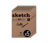 Clairefontaine 96904Cpack - Bloc Spiralé en-tête Papier Sketch - 50 Feuilles Papier Dessin Blanc au Grain Très Léger - Feuilles Détachables - A4 21x29,7 cm 90g - Paquet de 5 Blocs