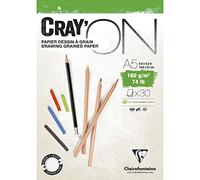 Clairefontaine 975026C Bloc Collé Cray'ON - 30 Feuilles Papier Dessin Blanc au Grain Fin - A5 14,8x21 cm 160g - Idéal pour le Dessin et le Croquis au Crayon