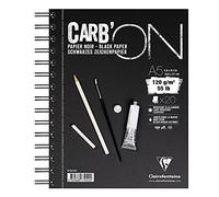 Clairefontaine 975042C Bloc Spiralé Carb'ON - 20 Feuilles Papier Dessin Noir A5 14,8x21 cm 120g - Idéal pour le Dessin et le Croquis au Crayon ou au Marqueur Blanc