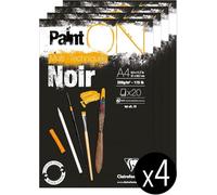 Clairefontaine 975169C Bloc Collé PaintON Multi-techniques - 20 Feuilles Papier Dessin Multi-techniques au Grain Légèrement Rugeux - Noir - A4 21x29,7 cm 250g - Paquet de 4 Blocs