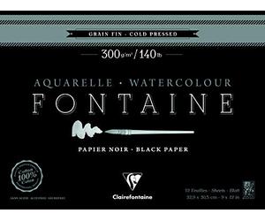 Clairefontaine 975308C - Un bloc encollé 1 côté de papier dessin Fontaine 12 feuilles grain fin 23x30,5 cm 300g, Noir