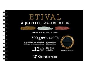 Clairefontaine 975325C - Un album à spirale de papier dessin Etival 12 feuilles 12x18 cm 300g double grains (recto grain fin et verso grain torchon), Noir