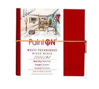 Clairefontaine 975430C - Un carnet cousu de papier dessin Paint'On 64 pages blanches 14x14 cm 250g, fermeture élastique, couverture souple rouge