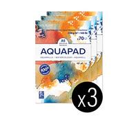 Clairefontaine 975720Cpack - Bloc Encollé Goldline Aquapad - 70 Feuilles Papier Aquarelle Blanc Grain Moyen Fin A5 14,8x21 cm 300g - Idéal pour la Technique Humide - Paquet de 3 Blocs
