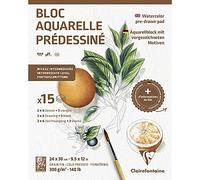 Clairefontaine 975726C Bloc Collé Aquarelle Prédessiné - 15 Feuilles Papier Aquarelle Blanc Grain Fin - 2x 6 Feuilles Prédessinées et 3 Feuilles Vierges - Thème Botanique - 24x30 cm 300g