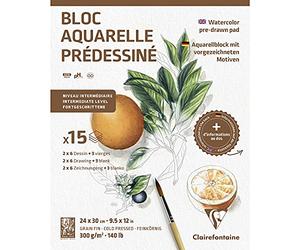 Clairefontaine 975726C Bloc Collé Aquarelle Prédessiné - 15 Feuilles Papier Aquarelle Blanc Grain Fin - 2x 6 Feuilles Prédessinées et 3 Feuilles Vierges - Thème Botanique - 24x30 cm 300g