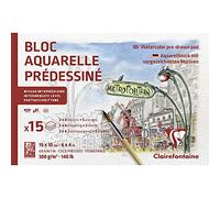 Clairefontaine 975727C Bloc Collé Aquarelle Prédessiné - 15 Feuilles Papier Aquarelle Blanc Grain Fin - 2x 6 Feuilles Prédessinées et 3 Feuilles Vierges - Thème Paris - 10x15 cm 300g