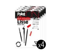 Clairefontaine 975729C - Bloc Collé PaintON Multi-techniques - 25 Feuilles Papier Dessin Multi-techniques à la Surface Lisse - Blanc - A4 21x29,7 cm 250g - Paquet de 4 Blocs