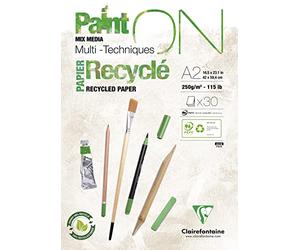 Clairefontaine 975743C Bloc Collé PaintON Multi-techniques - 30 Feuilles Papier Dessin Multi-techniques 100% Recyclé à la Surface Satinée - Blanc - A2 42x59,4 cm 250g