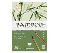Clairefontaine 975918C - Bloc Encollé 1 Côté Bamboo - 20 Feuilles Papier 100% Bambou Aquarelle Blanc Naturel 100% végan - Grain Finement Marqué Qualité Professionnelle A5 14,8x21 cm 250g