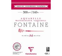 Clairefontaine 975947C - Bloc Encollé 2 Côtés Fontaine - 12 Feuilles Papier Aquarelle Blanc 100% Coton Grain Fin Qualité Professionnelle A4 21x29,7 cm 300g