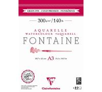 Clairefontaine 975950C - Bloc Encollé 2 Côtés Fontaine - 12 Feuilles Papier Aquarelle Blanc 100% Coton Grain Fin Qualité Professionnelle A3 29,7x42 cm 300g