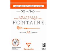 Clairefontaine 975951C - Bloc Encollé 2 Côtés Fontaine - 12 Feuilles Papier Aquarelle Blanc 100% Coton Grain Satiné Qualité Professionnelle A3 29,7x42 cm 300g