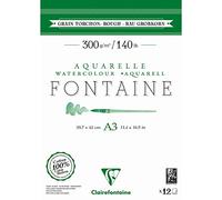 Clairefontaine 975952C - Bloc Encollé 2 Côtés Fontaine - 12 Feuilles Papier Aquarelle Blanc 100% Coton Grain Torchon Qualité Professionnelle A3 29,7x42 cm 300g