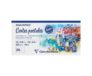Clairefontaine 975953C - Bloc Encollé Cartes Postales Aquapad - 20 Feuilles Papier Aquarelle Blanc Grain Moyen Fin 7,5x14,8 cm 300g - Idéal pour les Artistes Globe-trotteurs