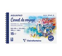 Clairefontaine 975957C - Carnet de Voyage Spiralé Aquapad - 15 Feuilles Papier Aquarelle Blanc Grain Moyen Fin 13,5x25 cm 300g - Idéal pour les Artistes Globe-trotteurs