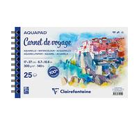 Clairefontaine 975959C - Carnet de Voyage Spiralé Aquapad - 25 Feuilles Papier Aquarelle Blanc Grain Moyen Fin 17x27 cm 300g - Idéal pour les Artistes Globe-trotteurs