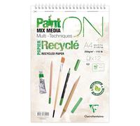 Clairefontaine 976004C Bloc Spiralé Micro-Perforé PaintON Recyclé A4 21x29,7 cm 250g - 12 Feuilles Papier Dessin Multi-techniques 100% Recyclé à la Surface Satinée - Blanc