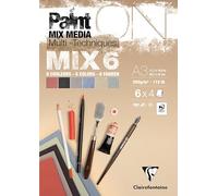 Clairefontaine 976016C - Bloc Collé PaintON MIX6 Multi-techniques A3 29,7x42 cm 250g - 24 Feuilles Papier Dessin Multi-techniques - Assorti de 6 Papiers