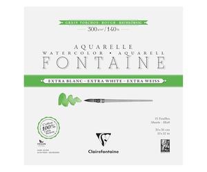 Clairefontaine 976086C Bloc Encollé 4 Côtés Fontaine Extra Blanc Grain Torchon 30x30cm 300g - 15 Feuilles Papier Aquarelle Extra Blanc 100% Coton - Qualité Professionnelle