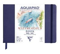 Clairefontaine 976112C Carnet Cousu Aquapad 21x14 cm 300g - 24 Feuilles Papier Aquarelle Blanc Naturel - Format Paysage - Couverture Rigide Bleu Nuit