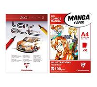 Clairefontaine Bloc Encollé Papier Layout - 70 Feuilles Blanc Uni Extra Lisse A4 75g & Manga et Illustration - 50 Feuilles Dessin Blanc Extra Lisse A4 21x29,7 cm 100g