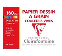 Clairefontaine 96770C - Pochette Dessin Scolaire - 12 Feuilles Papier Dessin à Grain Couleurs Vives Assorties - 24x32 cm 160g - Idéal pour les Arts Plastiques