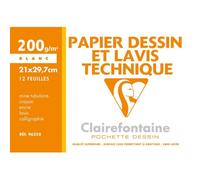 Clairefontaine 96258C - Pochette Dessin Scolaire - 12 Feuilles Papier Dessin Blanc Lisse - A4 21x29,7 cm 200g - Idéal pour le Dessin Technique et le Lavis