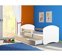 Clamaro Fantasia Basic Lit pour enfant 140 x 70 cm avec matelas, sommier à lattes et tiroir, avec protection anti-chute réglable et bords de protection - Couleur : blanc/chêne