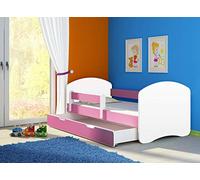 Clamaro Fantasia Basic Lit pour enfant 140 x 70 cm avec matelas, sommier à lattes et tiroir, avec protection anti-chute réglable et bords de protection - Couleur : blanc/rose