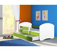Clamaro Fantasia Basic Lit pour enfant 140 x 70 cm avec matelas, sommier à lattes et tiroir, avec protection anti-chute réglable et bords de protection - Couleur : blanc/vert