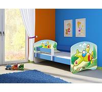 clamaro 'Fantasia Bleu' Lit pour enfant avec rausfallsc hutz (38 motifs + nom au choix) 70 x 140, 80 x 160 ou 80 x 180 avec matelas, sommier à lattes, coffre à literie (Surmatelas tiroir sur roulettes), pas de bords coupants et coins par umlaufende Protection des Bords permettre de Partie latérale réglable