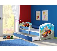 clamaro 'Fantasia Bleu' Lit pour enfant avec rausfallsc hutz (38 motifs + nom au choix) 70 x 140, 80 x 160 ou 80 x 180 avec matelas, sommier à lattes, coffre à literie (Surmatelas tiroir sur roulettes), pas de bords coupants et coins par umlaufende Protection des Bords permettre de Partie latérale réglable