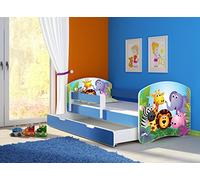 clamaro 'Fantasia Bleu' Lit pour enfant avec rausfallsc hutz (38 motifs + nom au choix) 70 x 140, 80 x 160 ou 80 x 180 avec matelas, sommier à lattes, coffre à literie (Surmatelas tiroir sur roulettes), pas de bords coupants et coins par umlaufende Protection des Bords permettre de Partie latérale réglable