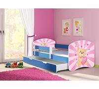 clamaro 'Fantasia Bleu' Lit pour enfant avec rausfallsc hutz (38 motifs + nom au choix) 70 x 140, 80 x 160 ou 80 x 180 avec matelas, sommier à lattes, coffre à literie (Surmatelas tiroir sur roulettes), pas de bords coupants et coins par umlaufende Protection des Bords permettre de Partie latérale réglable