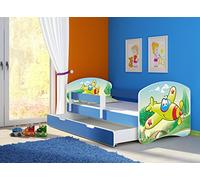 clamaro 'Fantasia Bleu' Lit pour enfant avec rausfallsc hutz (38 motifs + nom au choix) 70 x 140, 80 x 160 ou 80 x 180 avec matelas, sommier à lattes, coffre à literie (Surmatelas tiroir sur roulettes), pas de bords coupants et coins par umlaufende Protection des Bords permettre de Partie latérale réglable