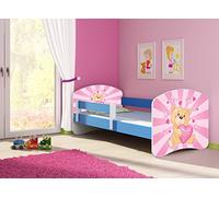 clamaro 'Fantasia Bleu' Lit pour enfant avec rausfallsc hutz (38 motifs + nom au choix) 70 x 140, 80 x 160 ou 80 x 180 avec matelas, sommier à lattes, coffre à literie (Surmatelas tiroir sur roulettes), pas de bords coupants et coins par umlaufende Protection des Bords permettre de Partie latérale réglable