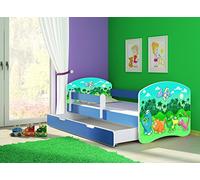 clamaro 'Fantasia Bleu' Lit pour enfant avec rausfallsc hutz (38 motifs + nom au choix) 70 x 140, 80 x 160 ou 80 x 180 avec matelas, sommier à lattes, coffre à literie (Surmatelas tiroir sur roulettes), pas de bords coupants et coins par umlaufende Protection des Bords permettre de Partie latérale réglable