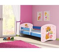 clamaro 'Fantasia Bleu' Lit pour enfant avec rausfallsc hutz (38 motifs + nom au choix) 70 x 140, 80 x 160 ou 80 x 180 avec matelas, sommier à lattes, coffre à literie (Surmatelas tiroir sur roulettes), pas de bords coupants et coins par umlaufende Protection des Bords permettre de Partie latérale réglable