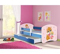 clamaro 'Fantasia Bleu' Lit pour enfant avec rausfallsc hutz (38 motifs + nom au choix) 70 x 140, 80 x 160 ou 80 x 180 avec matelas, sommier à lattes, coffre à literie (Surmatelas tiroir sur roulettes), pas de bords coupants et coins par umlaufende Protection des Bords permettre de Partie latérale réglable