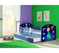 clamaro 'Fantasia Bleu' Lit pour enfant avec rausfallsc hutz (38 motifs + nom au choix) 70 x 140, 80 x 160 ou 80 x 180 avec matelas, sommier à lattes, coffre à literie (Surmatelas tiroir sur roulettes), pas de bords coupants et coins par umlaufende Protection des Bords permettre de Partie latérale réglable